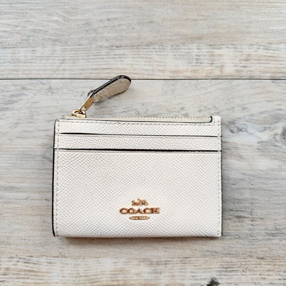 Coach Mini Skinny ID Case Chalk White Crossgrain Leather Gold Zip Card Wallet